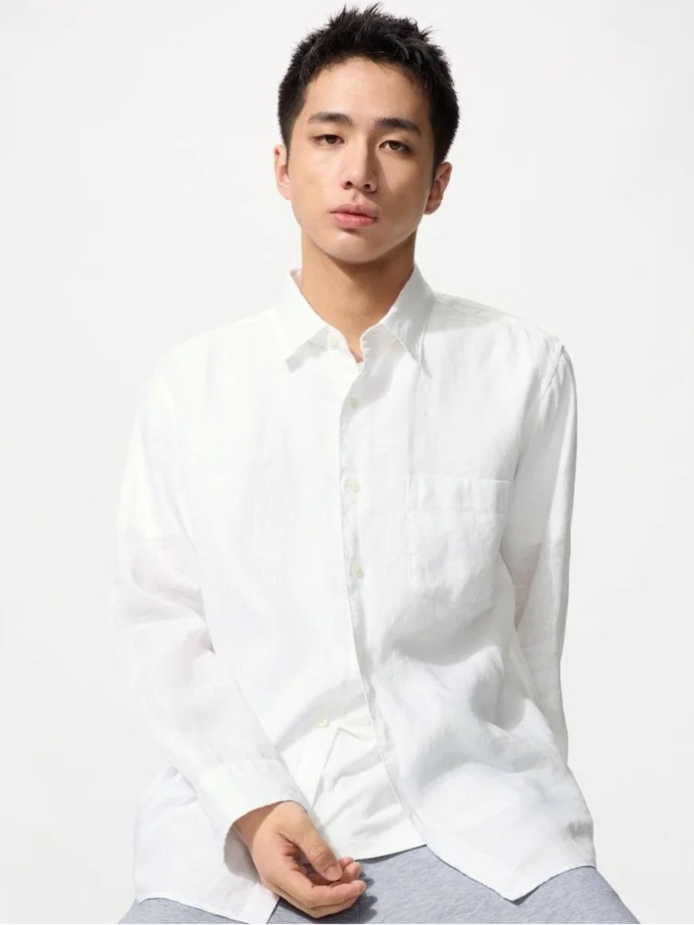 Uniqlo White Linen-Blend Button Front Blouse